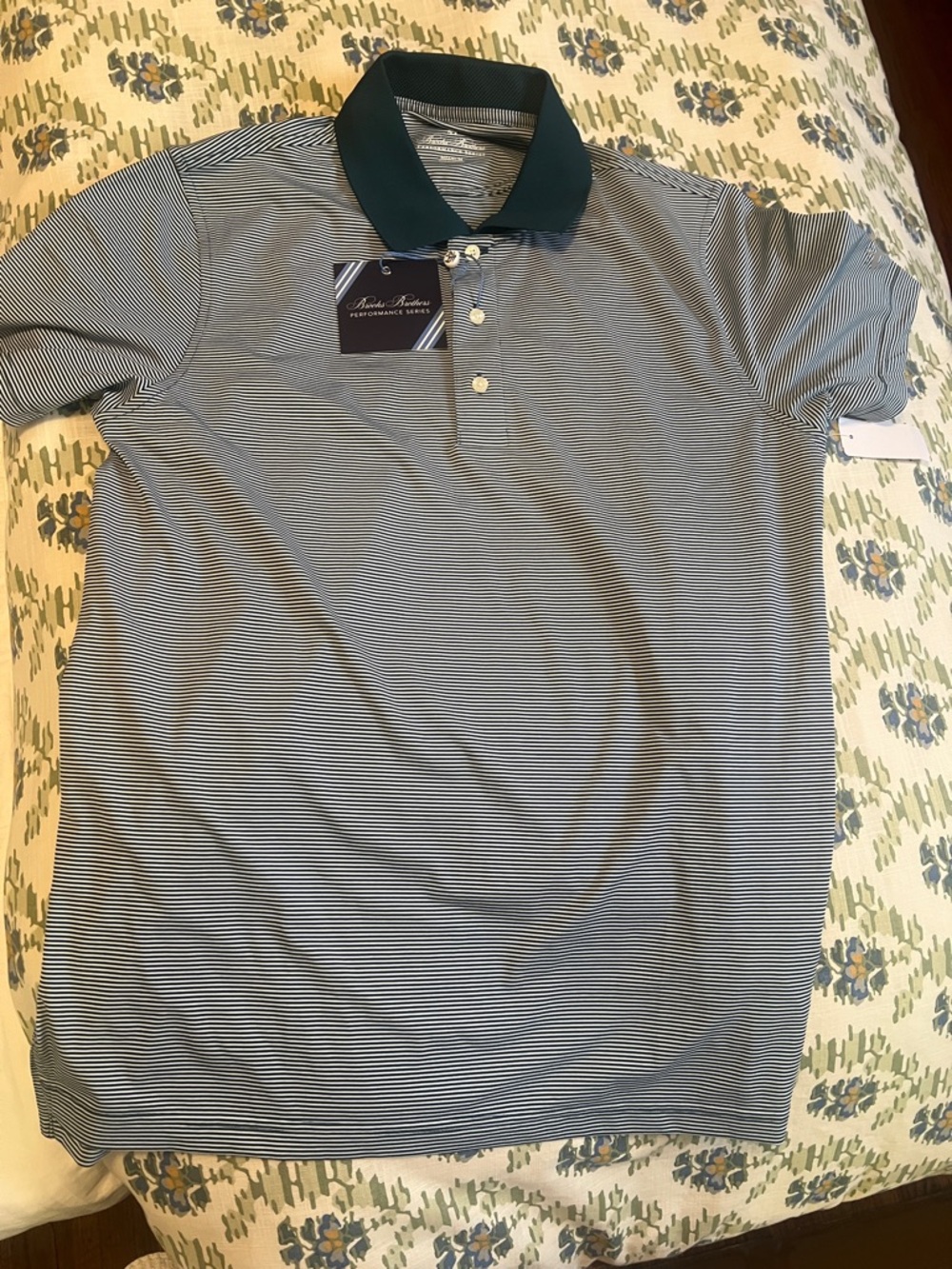 Brooks Brothers Navy and White Micro-Striped Polo with Dark Green Collar